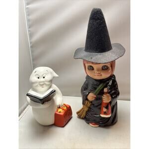 Set of 2 Vintage Halloween Ghost & Witch Ceramic Figurines Hand Painted